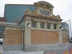 Old headhouse @ Flatbush Av Terminal. It was moved to the middle of the intersection, restored, and is now used as a skylight. P