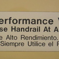 "High Performance Vehicle. Please Use Handrail At All Times" sign in San Diego Trolley Siemens-Duwag LRV #2004 @ Sante