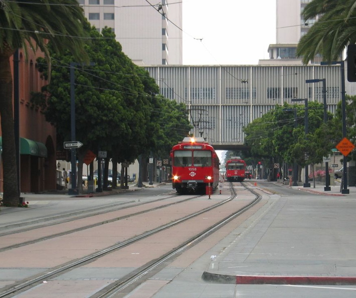 San Diego Trolley Siemens-Duwag LRV #1058 @ north of American Plaza. Photo taken by Brian Weinberg, 6/6/2004.