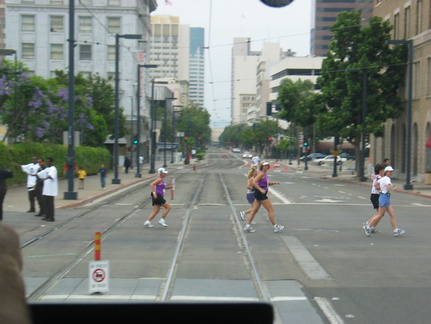 Runners in the Suzuki Rock 'n Roll Marathon crossing the tracks. The runners/joggers/walkers were then stopped to allow the LRV