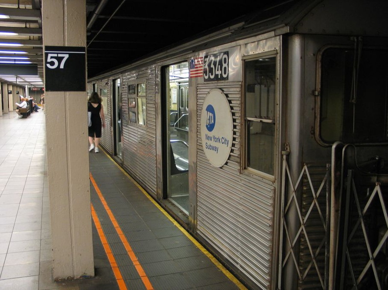 R-32 3348 @ 57 St (Q). Note one of its two odd style number boards. Photo taken by Brian Weinberg, 6/23/2004.