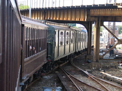 BU Gate Car 1407 &amp; R-1 100 @ Coney Island Yard. Photo taken by Brian Weinberg, 7/25/2004.