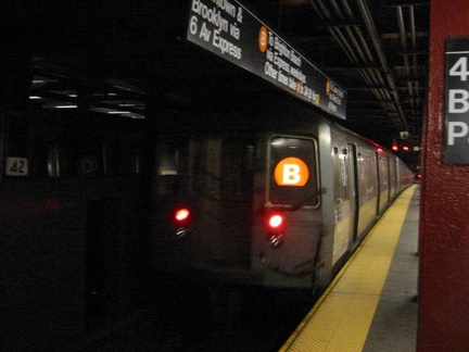 R-68A @ 42 St - Bryant Park (B). Note that is a rare R-68A (B) train. Photo taken by Brian Weinberg, 1/6/2005.