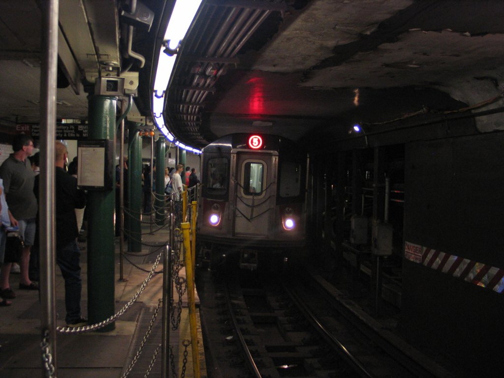 R-142 6766 @ South Ferry (5) [G.O. had only 2 and 5 trains stopping at South Ferry]. Photo taken by Brian Weinberg, 9/11/2005.