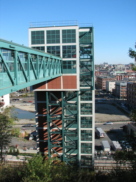 NJT HBLR Ninth Street - Congress Street station at the top of the palisades. Elevator goes down to track level. Photo taken by Brian Weinberg, 10/30/2005. IMG_0911.jpg