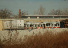 SEPTA PCC cars @ along East Erie Avenue, Philadelphia. The car numbers are 2141, 2171, 2717, 2760, 2761, and 2796. Photo taken b