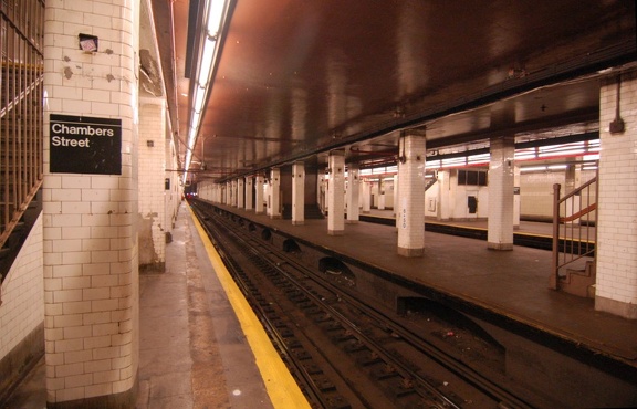 Chambers Street (J/M/Z) - front of the northbound platform (looking south and west at the center platform). Photo taken by Brian