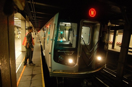 R-160B 8713 @ 57 St - 7 Av (N). Note: first revenue run of the R-160 fleet as part of the 30-day test. Photo taken by Brian Wein