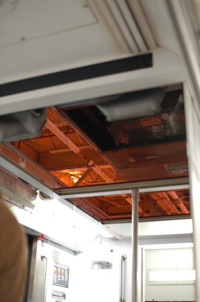 R-142 6736 @ East 180th Street Maintenance Facility (Bronx). B-end air conditioning unit is being installed. Photo taken by Bria