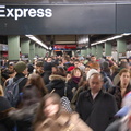 Crowded conditions on the IRT downtown platform @ Times Sq - 42 St (1/2/3). Note the (1) on the express track making express sto