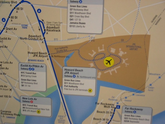 An already out of date subway wall map @ Howard Beach still showing the no longer existing free Port Authority shuttle bus.