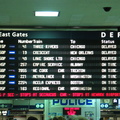 Departure board at Penn Station. Note the delayed trains. Photo taken by Brian Weinberg, 1/11/2004.