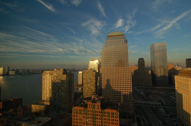 WFC, Route 9A / West Street, and the WTC site, in the sweet light, through a dirty window. Photo taken by Brian Weinberg, 12/3/2006. DSC_8530a.jpg