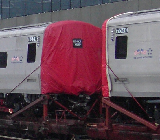 LIRR M-7 7051 &amp; 7040 (delivery) @ Jamaica. DO NOT HUMP. Photo taken by Brian Weinberg, 2/23/2003.