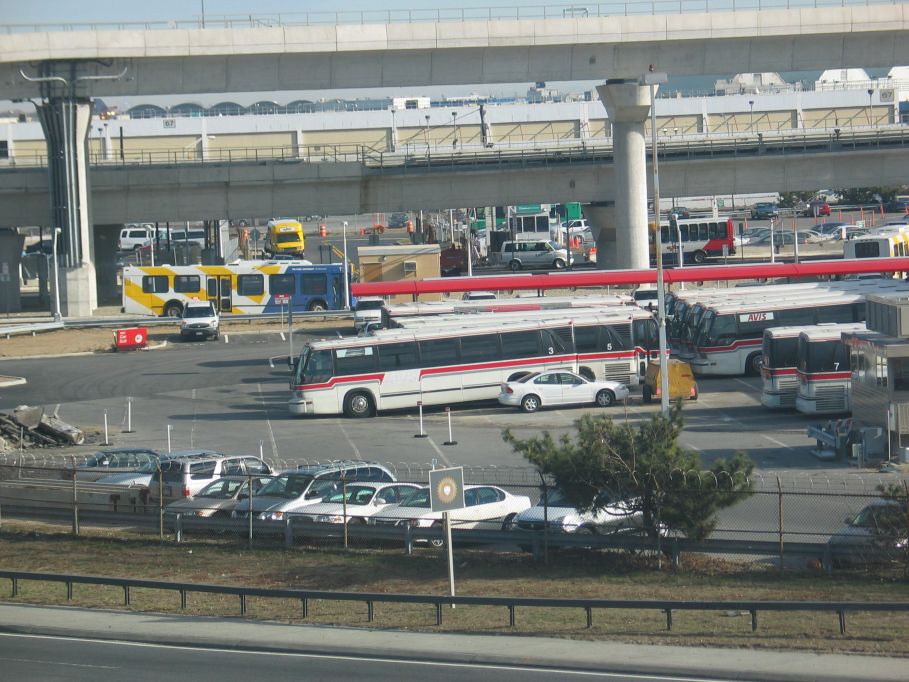 Avis RTS buses near the Federal Circle station of the AirTrain. Photo taken by Brian Weinberg, 1/11/2004.